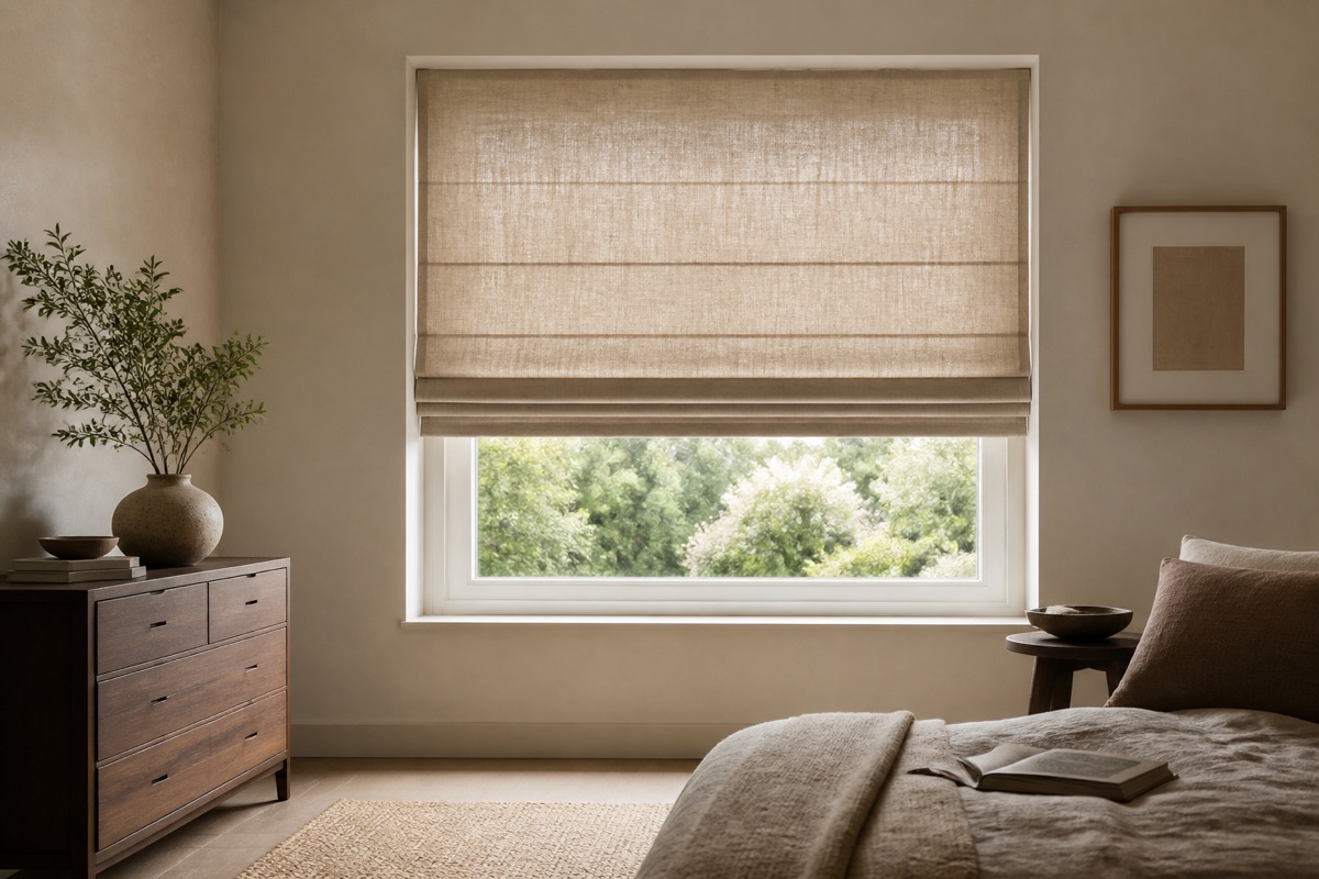 Lniana roleta rzymska układająca się w miękkie fałdy w spokojnej sypialni